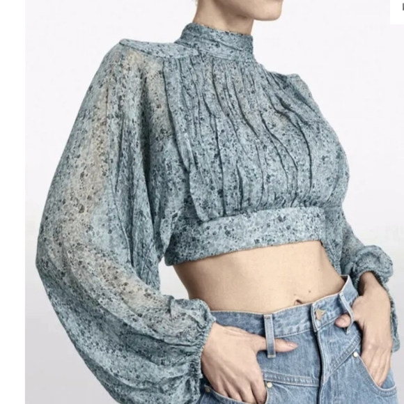 Shona Joy Tops - Shona Joy Francesca High Neck Balloon Sleeve Open Back Tie Crop Top Blouse 2